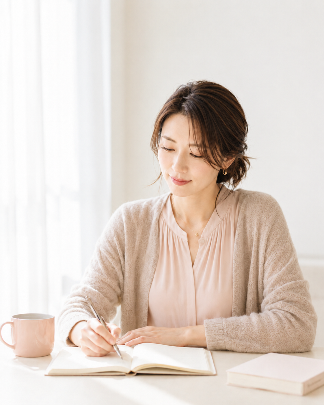 ノートに文字を書きながら、これからのことを考える女性